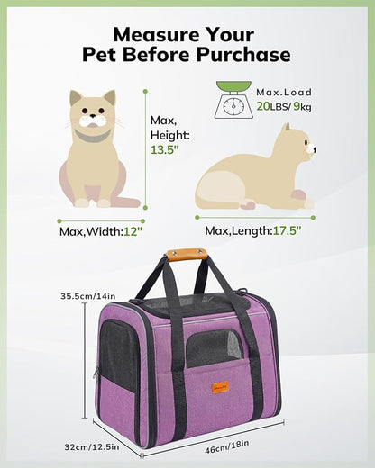 Morpilot Pet Travel Carrier Bag, Soft-Sided Dog Carrier Cat Carrier Pet Carrier, for Large Cats and Medium Puppies up to 25lbs, with Locking Safety Zippers, Foldable Bowl (Purple)
