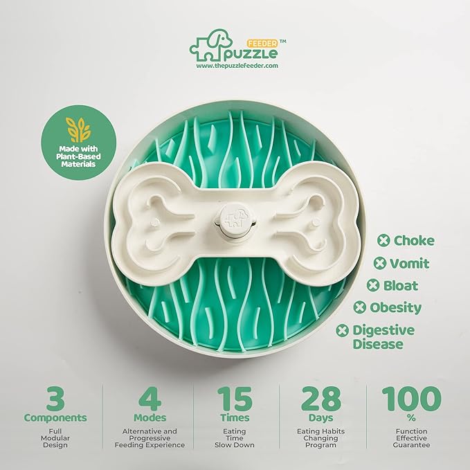 Puzzle Feeder Slow Feeder Dog Bowl - 9.8 Inches, Dry, Wet & Raw Food, Mealtime Fun Puzzle for All Breed Dogs, Green