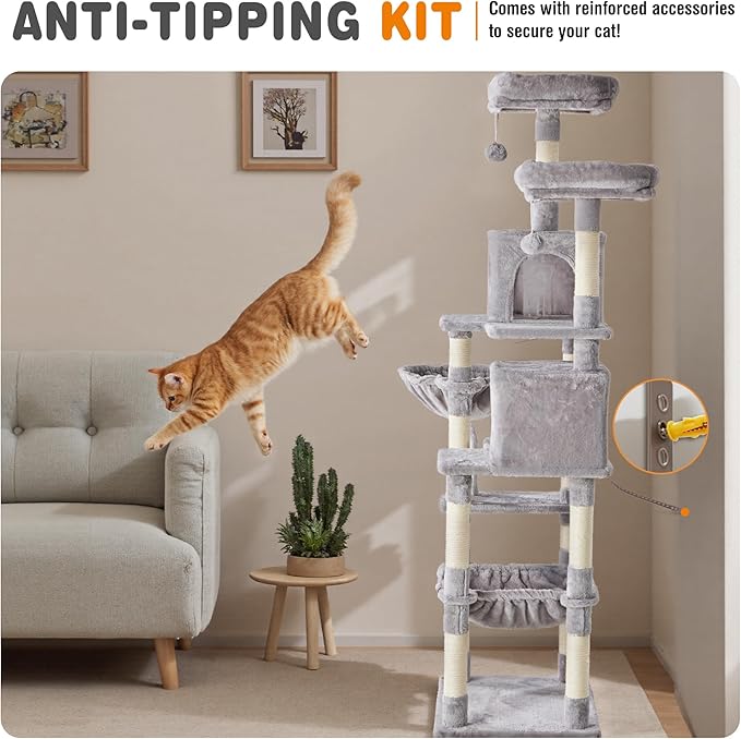 DUMOS Tall 71 inch Cat Tree Tower, Large Multi Level Cat Climbing Tower with Condo, Natural Sisal Scratching Posts, Platform, Hammock, Basket, Pet Tree House for Indoor Cats Play, Light Grey