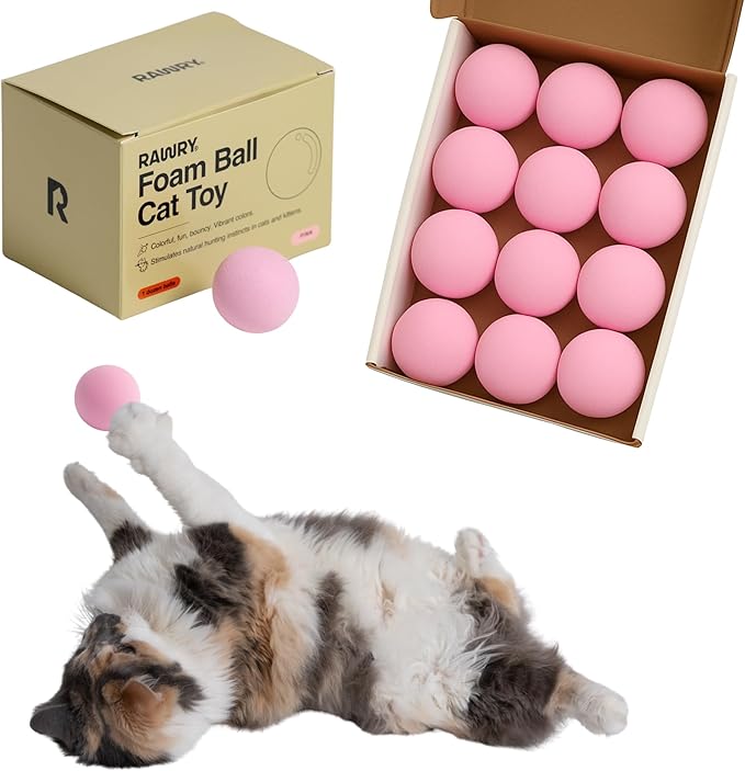Rawry Foam Ball Cat Toy Set – 12 Foam Balls for Indoor Cats & Kittens | Soft, Durable, Bouncy Balls for Playtime & Exercise | Lightweight, Non-Toxic, Easy for Cats to Chase (Pink)