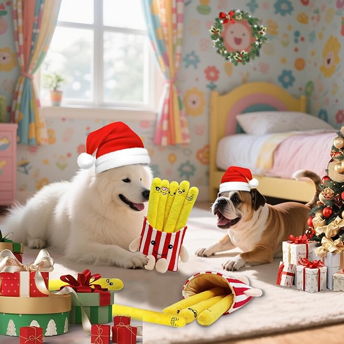Dog Squeak Toys, 5 Pack Christmas French Fry PlushToys Interactive Cute Dog Toys for Small Dogs Holiday Dog