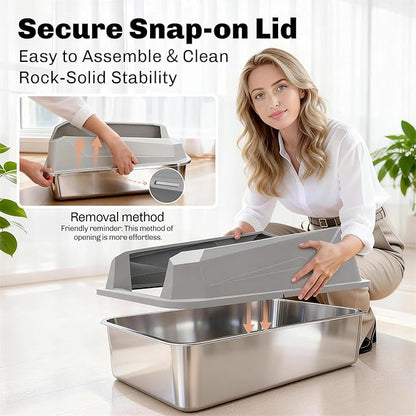 KYKY Tescat 2 Pack Stainless Steel Litter Box with Lid, XL Metal Litter Box with High Sides, Extra Large Litter Boxes for Big Cats and Multiple Cats, Leak-Proof, Rust-Proof, Non-Sticky and Easy Clean