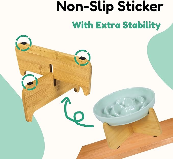 Slow Feeder Cat Bowl with Stand - Unbreakable Elevated Slow Feeder Bowl for Cats - Melamine Puzzle Raised Cat Food Bowl - Whisker Friendly & Wet & Dry Food- Dishwasher Safe & Non Slip (Green