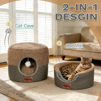 Cat Bed Cave for Indoor Cats, 2-in-1 Foldable Cat Cave & Lounge Bed with Reversible Cushion, Calming Anti-Anxiety Enclosed House for Small Dogs & Puppies, Donut Cozy Hideaway, 17.5 Inches (Brown)