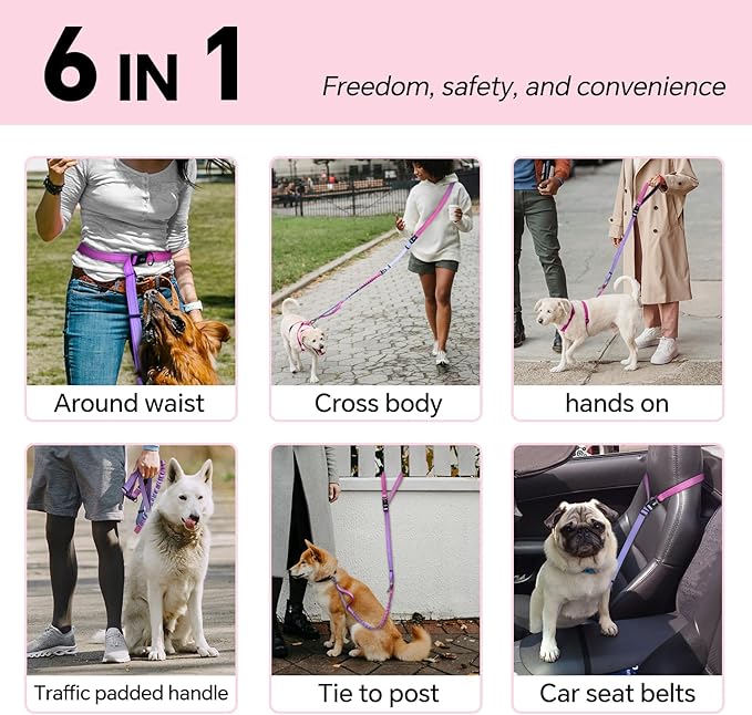 QQPETS Hands Free Dog Leash with Car Seat Belt, Adjustable No Pull Bungee Dog Running Waist Leash, Versatile Crossbody Rope for Walking, Jogging and Hiking