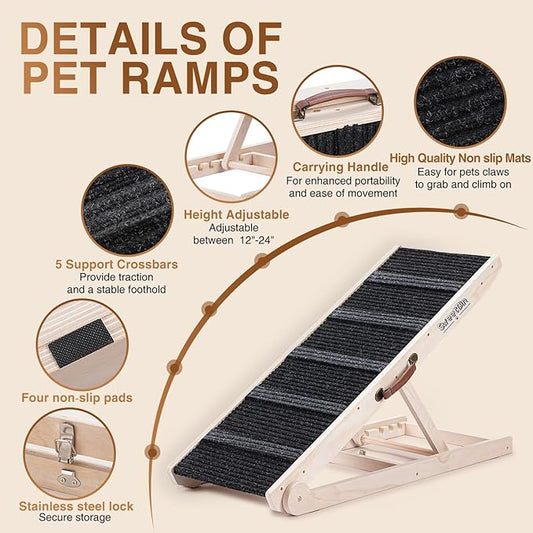 Dog Ramp for Bed - Foldable Small to Large Dog Ramp for Couch - 6 Adjustable Height from 12" to 24" - Stairs with High Traction Mat - Wooden Portable Ramp for Dogs to Get on Bed Couch Car Up to 200LBS