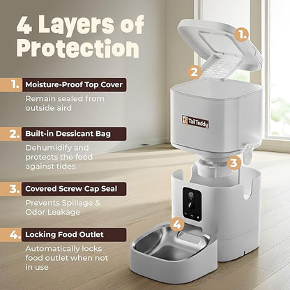 TailTeddy Automatic Cat Feeder with Dual Camera & AI Detection (6L), Smart Pet Feeder with WiFi App & Two-Way Audio, Timed Cat Feeder up to 6 Meals/Day, Stainless Steel Bowl & Battery Backup