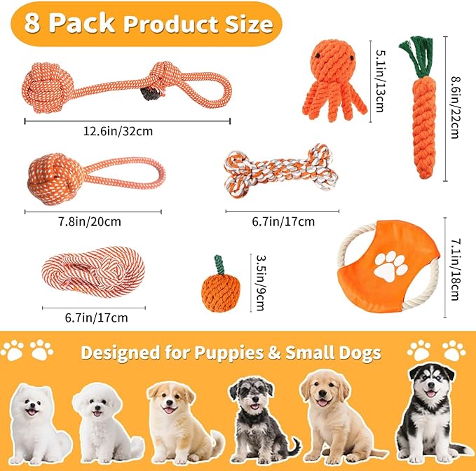 Dog Rope Toy, 8 Pack Cotton Rope Toys for Dogs, Puppy Chew Toys for Teething & Boredom Relief, Tug of War Dog Toy for Small Breed Puppies, Gifts for Dogs