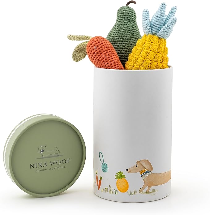 Nina Woof Organic Cotton Squeaky Dog Toy Set – Fruits & Veggies Pack