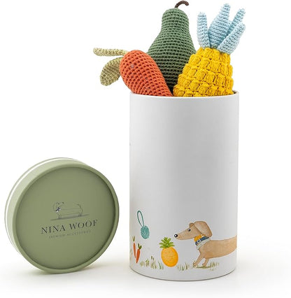 Nina Woof Organic Cotton Squeaky Dog Toy Set – Fruits & Veggies Pack