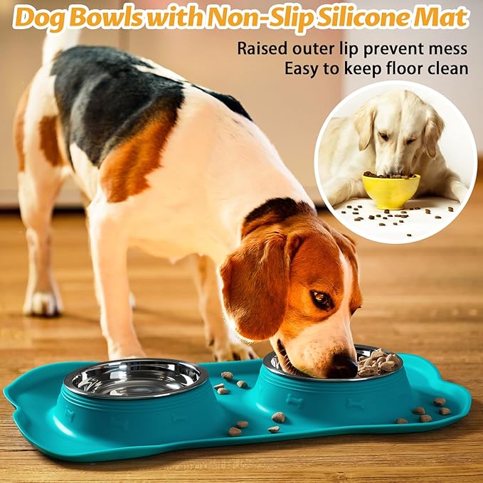 Hubulk Pet Dog Bowls 2 Stainless Steel Dog Bowl with No Spill Non-Skid Silicone Mat + Pet Food Scoop Water and Food Feeder Bowls for Feeding Small Medium Large Dogs Cats Puppies (Medium, Green)