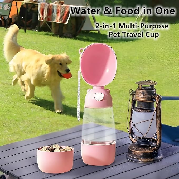 Portable Dog Water Bottle for Walking, Leak Proof 2 in 1 Water and Food Dispenser, BPA Free Pet Travel Water Bottle for Hiking, Lightweight Puppy Outdoor Drinking Bowl (Pink)
