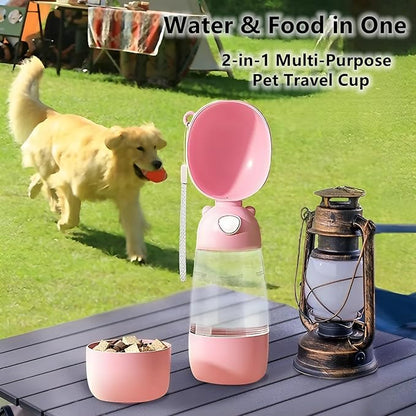 Portable Dog Water Bottle for Walking, Leak Proof 2 in 1 Water and Food Dispenser, BPA Free Pet Travel Water Bottle for Hiking, Lightweight Puppy Outdoor Drinking Bowl (Pink)