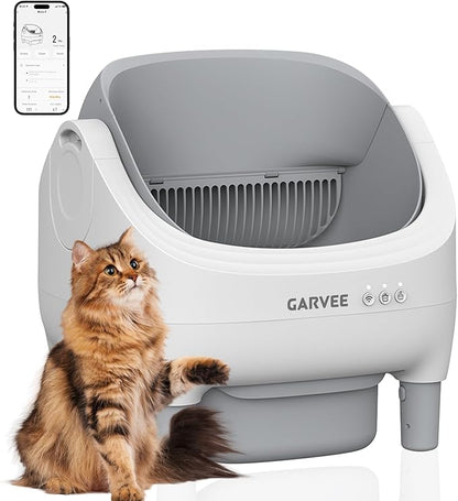 Self Cleaning Litter Box, Automatic Cat Litter Box with APP Control, Odor-Free Waste Disposal Includes Trash Bags, Large Waste Bin, Open-Top, for Multiple Cats, Light Grey