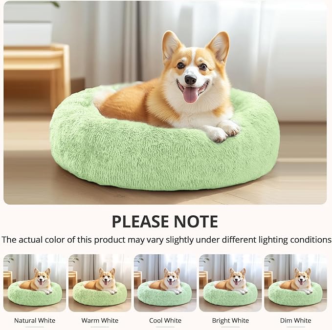 JOLLYVOGUE Calming Dog Bed for Small Dogs - 23 inches Donut Washable Small Dog Bed for Kittens & Puppies, Anti-Slip Round Fluffy Plush Faux Fur Cat Beds (Fits up to 25 lbs Pets, Light Green)