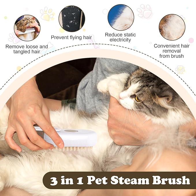 3-in-1 Cat Steam Brush for Shedding, Massaging & Grooming, Rechargeable, Misty Brush for Cats & Dogs, White, 3 Count