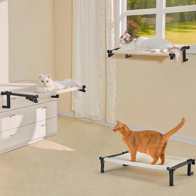 Cat Window Perch Bed Cat Hammock for Window Sill Seat, 2 in 1 Adjustable Large Cats Sleeping Beds with Cushion Steel Frame Kitten Perches for Windowsill, Bedside, Floor (Beige)