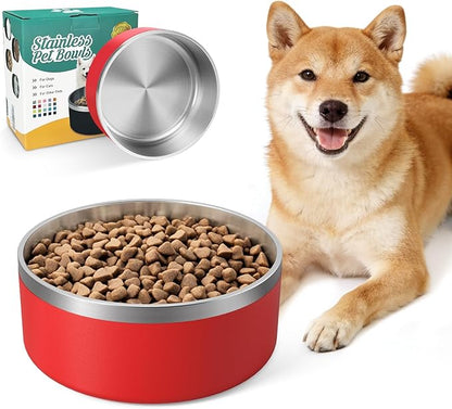 IKITCHEN Dog Bowl for Food and Water, 64 Oz Stainless Steel Pet Feeding Bowl, Durable Non-Skid Double Wall Insulated Heavy Duty with Rubber Bottom for Medium Large Dogs (64 Ounces/8 Cup, Red)
