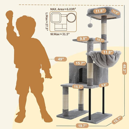 Heybly Cat Tree, 49.2 Inches Cat Tower for Indoor Cats, Spacious Cat House Condo with Hidden Space，Sturdy Steel Tube，Soft Plush Top Perch，Cozy Hammock and Sisal Scratching Posts, Light Gray HCT200SW