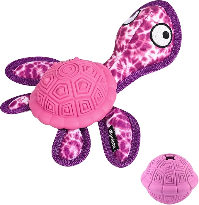 Squeaky Turtle Dog Toy, Treat Dispensing Rubber Ball, Bite Resistant Plush Chew Toy, Interactive Tug & Fetch Enrichment Toy for Medium & Small Breeds, Safe & Engaging for Puppies (Purple)