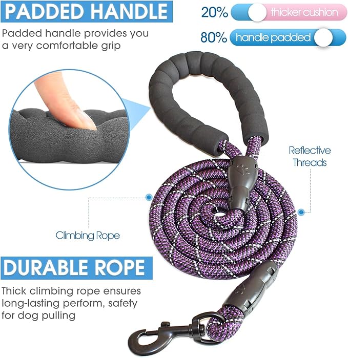 BAAPET 2/4/5/6 FT Dog Leash with Comfortable Padded Handle and Highly Reflective Threads for Small Medium and Large Dogs (5FT-1/2'', Black Purple)