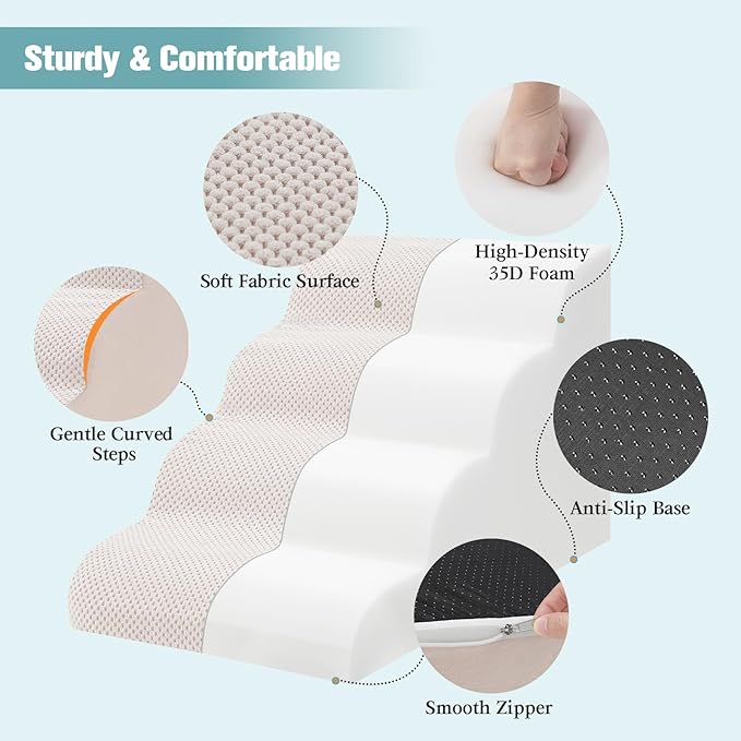 Dog Stairs for Small Dogs, 4-Step Dog Steps for Couch Sofa and Low-Profile & Platform Bed, High-Density Foam Pet Steps Ramp with Removable Washable Cover for Older Injured Dogs Cats, 15.75" H, Beige