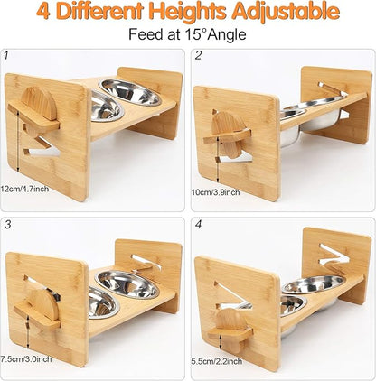 Raised Dog Bowl, Elevated Dog Bowls, Tilted Pet Food Water Bowl, Slanted Bamboo Feeding Station with Stainless Steel Bowls for Small & Medium Dogs, Cat Kitten Flat Faced French Bulldog Puppy Feeder