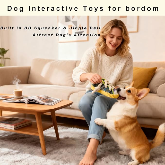 Interactive Squeaky Dog Toy with Jingle Bell - Shoe-Shaped Chew Toy for Puppy Teething, Thickened Laces for Small and Medium Breeds Tug-of-War, Not for Aggressive Chewers (Yello Edge)