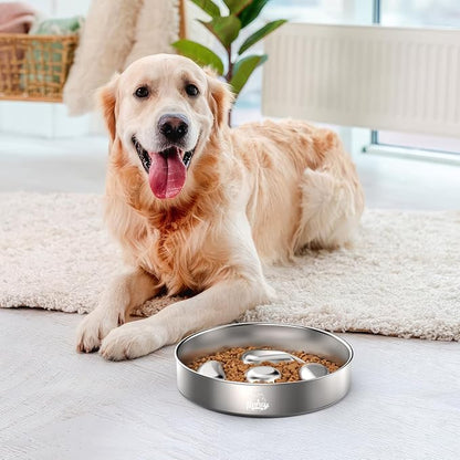 Slow Feeder Dog Bowls, 304 Stainless Steel Dog Slow Feeder Bowl 3.8 Cups Metal Dog Food Bowl with Non-Slip Bottom Shallow Slow Eating Dog Bowl for Small & Medium Breed Stop Bloat, Dishwasher Safe