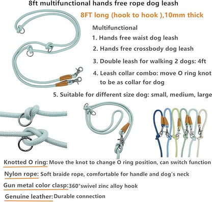 8FT Hands Free Dog Rope Leash, Waist Body Running Leash for Dog Walking (Harbor Gray, 8FTx10MM)