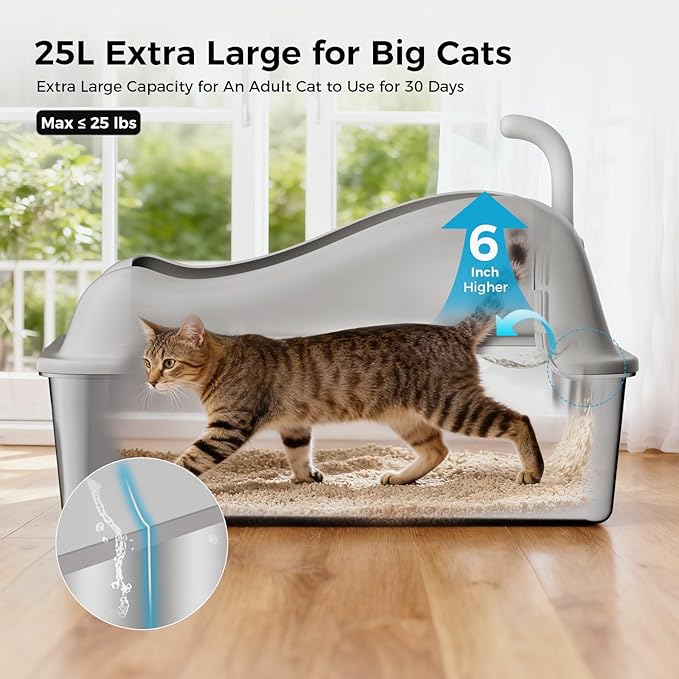 GTPLAYER Stainless Steel Litter Box for Big & Multiple Cats, EasyClean Odor-Resistant Design, High Sided Leak-Proof Litter Box withMat 8 Scoop- Grey 2 Pack