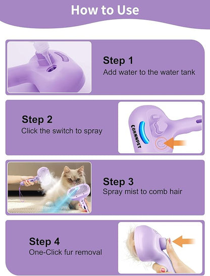 Dog Cat Steam Brush With UV Light, 3 in 1 Release Button Self-Cleaning Grooming Brush for Pets Cats Dogs, Hair Massaging Shedding for Small Animals Long Short Haired - Purple