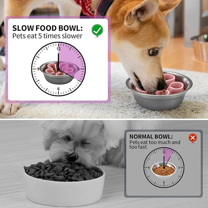 Slow Feeder Dog Bowls Insert, Bestalk Soft Silicone Slow Eating Dog Bowl Insert with Suction Cups for Small, Medium and Large Dogs(Pink M)
