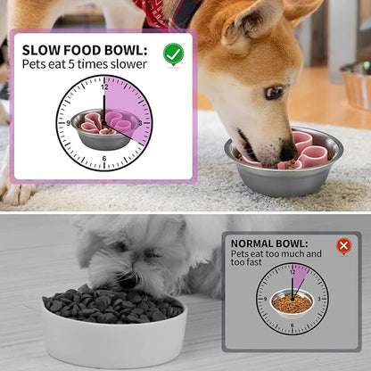 Slow Feeder Dog Bowls Insert, Bestalk Soft Silicone Slow Eating Dog Bowl Insert with Suction Cups for Small, Medium and Large Dogs(Pink M)