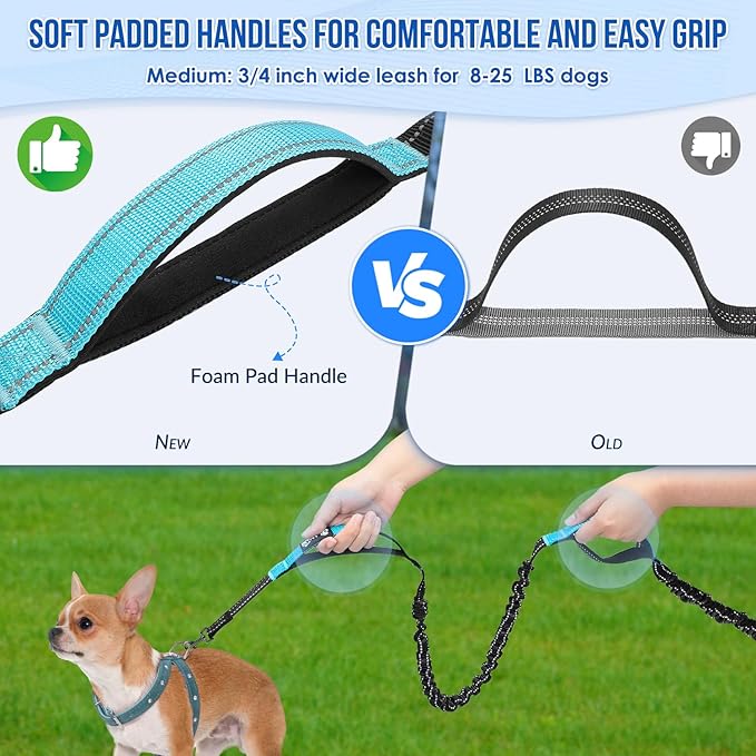 Hands Free Dog Leash for 2 Dogs, Adjustable Waist Belt with Zipper Pouch, Dual Handle Retractable Elastic Bungee with Reflective Stitches for Medium and Large Dogs Training Running