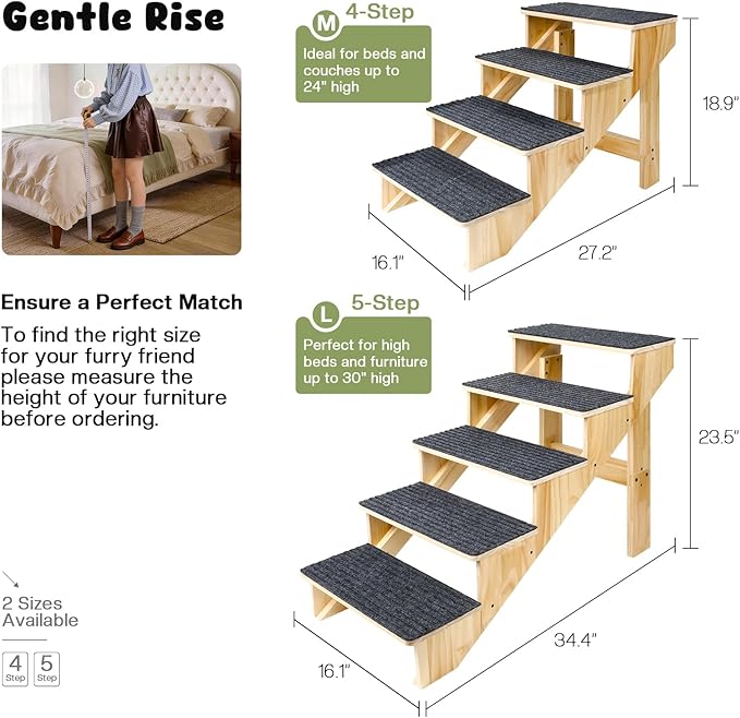 4-Step Dog Stairs for Large Dogs, Solid Wooden Dog Steps for Beds/Couch with Carpet, 24 Inches Anti-Slip Pet Stairs for High Beds, Ramp for Older/Senior Dogs, Pet Bed Stairs to Get on Bed/Sofa