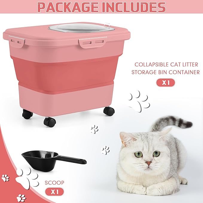 Juexica Collapsible Cat Litter Storage Bin Container with Rolling Casters, 20 Lbs Portable Cat Litter Storage Container with Airtight Lids, Shovel, Kitchen Cereal Rice Leakproof Sealable(Red)