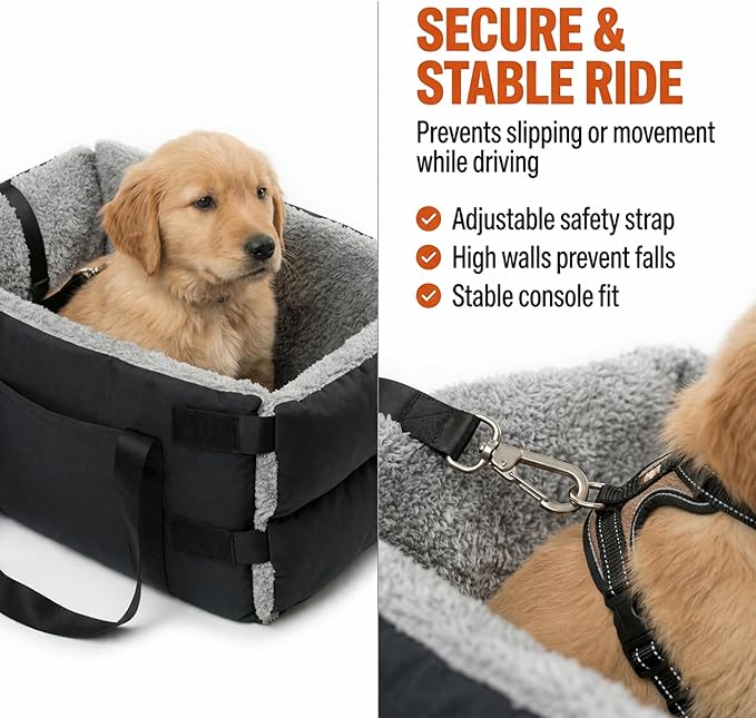 Center Console Dog Seat for Small Dogs & Cats | Pet Car Seat with Safety Strap & Cushion | Portable Middle Console Dog Bed | Secure Travel Booster Seat by Carver Park