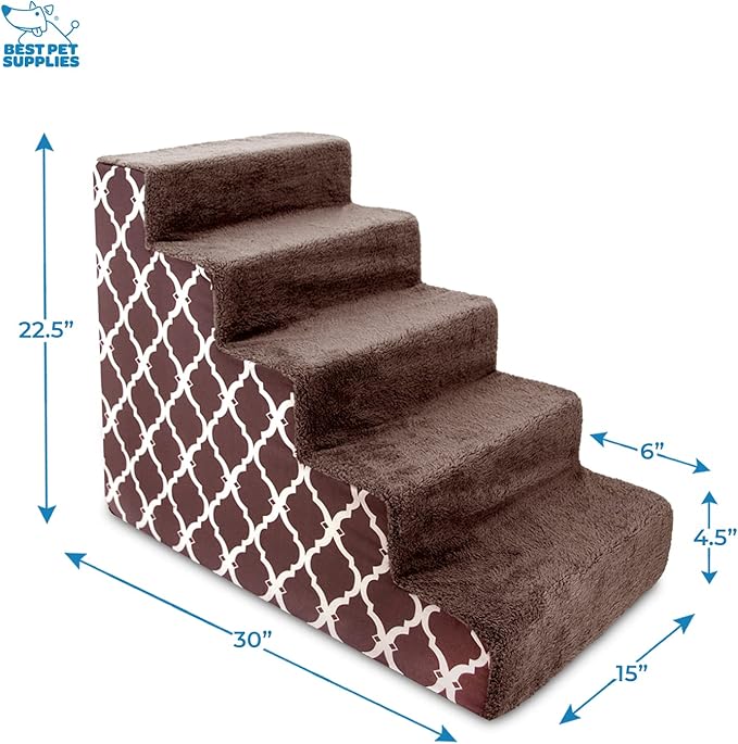 Best Pet Supplies Dog Stairs & Steps - Foam Steps for Small Dogs & Cats, Non-Slip Indoor Balanced Pet Step Support, Dog Ramp, No Assembly, Brown Lattice Print, 5-Step (22.5-inch Height)