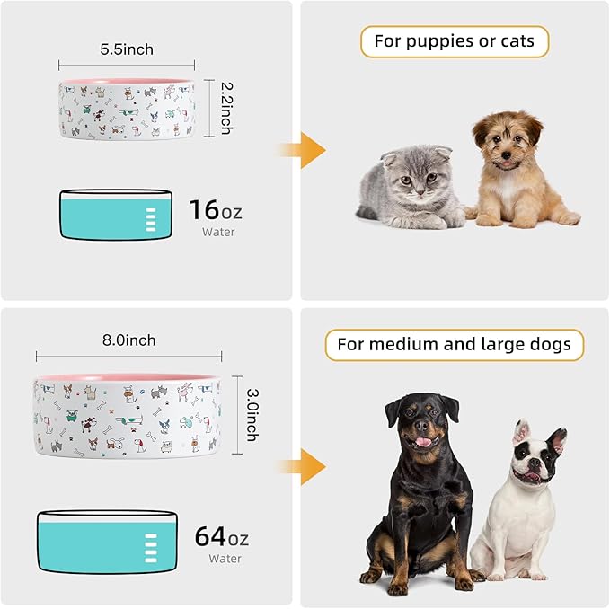 Fun Elements Ceramic Dog Bowls, Large Sized 64 Fl Oz Heavy Food and Water Bowl for Medium Dogs with Adorable Patterns (Large, Pink)