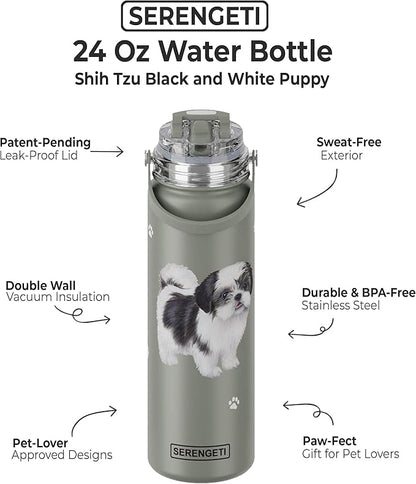 SERENGETI 24 Oz Water Bottle Stainless Steel with Spill Proof Lid - Double walled Vacuum Insulated water flask - Realistic 3D Print of your favorite dog (Shih Tzu Black)
