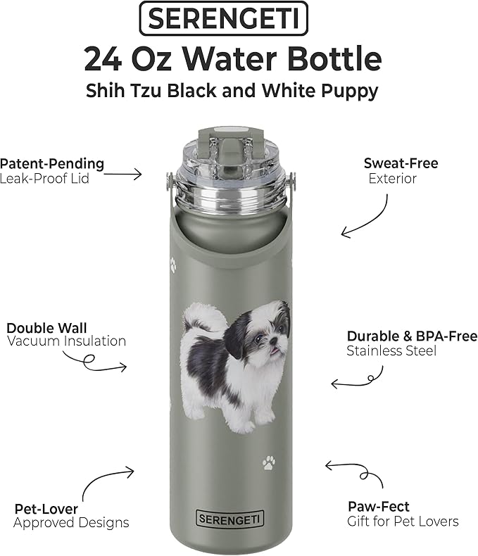 SERENGETI 24 Oz Water Bottle Stainless Steel with Spill Proof Lid - Double walled Vacuum Insulated water flask - Realistic 3D Print of your favorite dog (Shih Tzu Black)