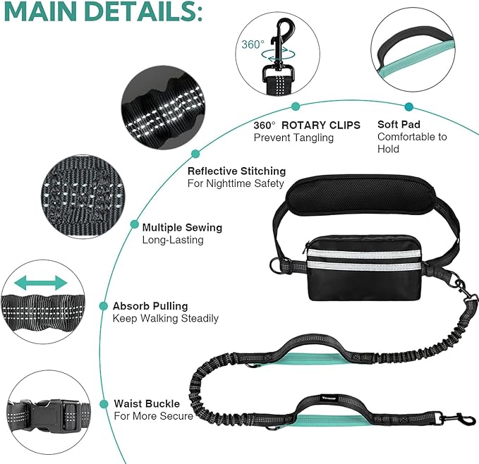Hands Free Dog Leash, Retractable Bungee with Double Padded Handles, Waist Leash for Dog Walking for Medium & Large Dog Walking Accessories Mint-Green