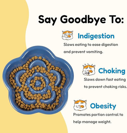 Detachable Slow Feeder Cat Bowl, Unbreakable Elevated Cat Bowls - Heavy Weighted, Non-Slip Raised Slow Feeder, Tilted Small Dogs Slow Feeders Bowl, Dry & Wet Food, Whisker Friendly (Blue, 5.8"