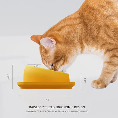 Tilted Cat Food Bowls, Cat Feeding Dishes Whisker Friendly, Slanted Flat Plastic Feeder Elevated Angled Design, 3 in 1 Combined Food Bowls(Yellow)