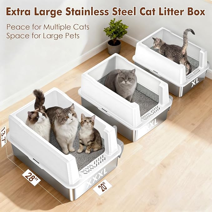 Extra Large Cat Litter Box for Multiple Cats, 28" L x 20" W Stainless Steel Metal Litter Box with High Side, Stop Scatter, Non-Stick, Easy to Clean, Anti-Leak Design, Odor-Resistant (White)