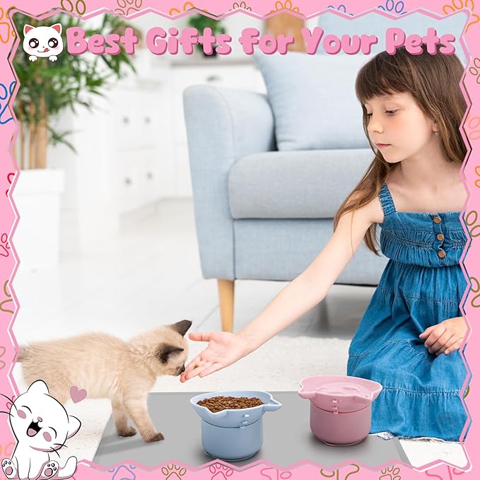 2 Pack Pink, Blue Slow Feeder for Cat Bowls, Silicone Tilted Raised Pet Bowl with Non Slip Base for Digestion Anti Vomit