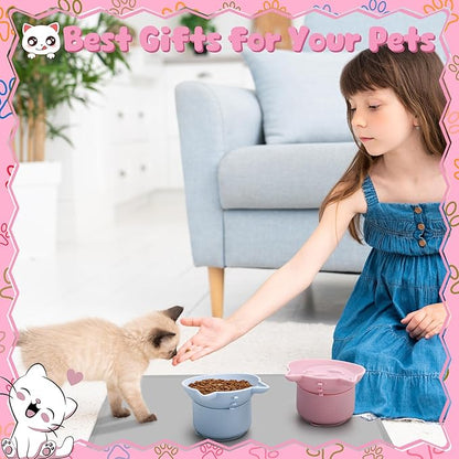 2 Pack Pink, Blue Slow Feeder for Cat Bowls, Silicone Tilted Raised Pet Bowl with Non Slip Base for Digestion Anti Vomit