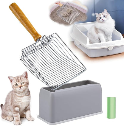 DHXYZZB Metal Cat Litter Scoop with Holder - Heavy Duty Litter Scooper & Speed Sifter with Comfortable Wood Grip - Washable Convenient Stand for Easy and Efficient Cleaning
