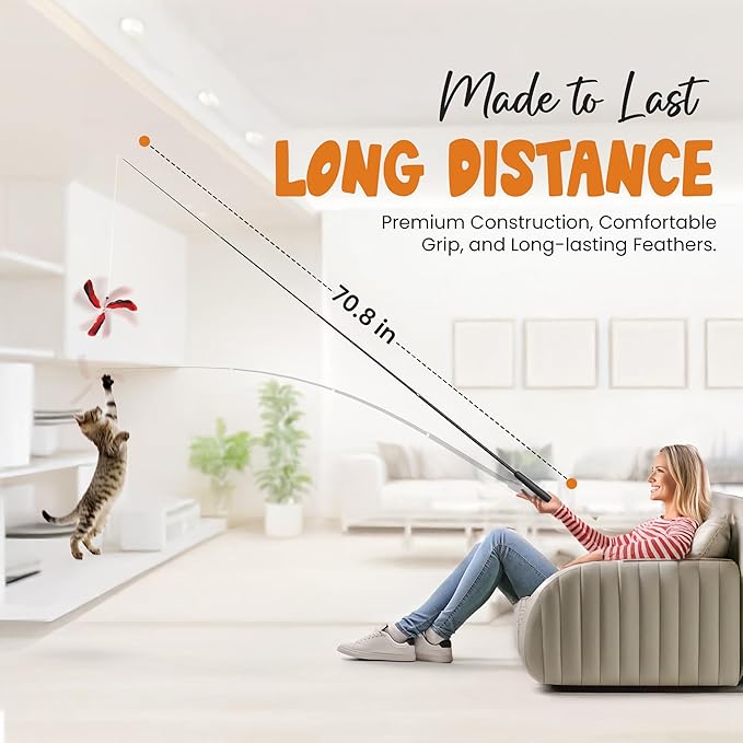 Hi Pets- Cat Wand with 4 pcs Natural Teaser Feathers, Interactive for Indoor Cats,1pc 72 in, Telescopic Cat Wand Long and Flexible, Interactive for Teaser Play and Chase Exercise with Kitten.